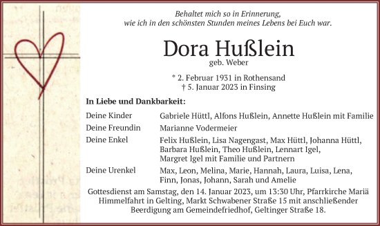 Traueranzeige von Dora Hußlein von merkurtz