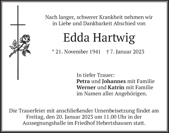 Traueranzeige von Edda Hartwig von merkurtz