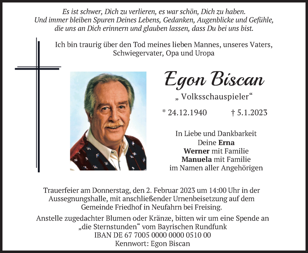  Traueranzeige für Egon Biscan vom 28.01.2023 aus merkurtz