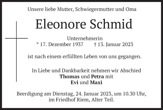 Traueranzeige von Eleonore Schmid von merkurtz