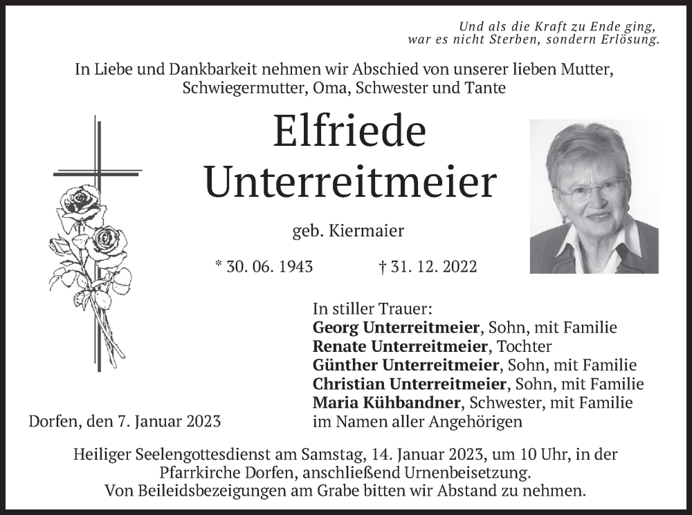  Traueranzeige für Elfriede Unterreitmeier vom 07.01.2023 aus merkurtz