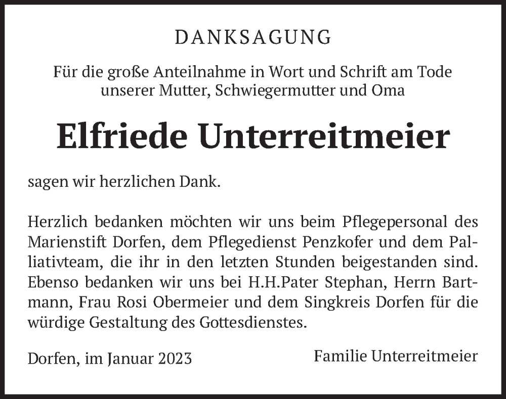  Traueranzeige für Elfriede Unterreitmeier vom 21.01.2023 aus merkurtz