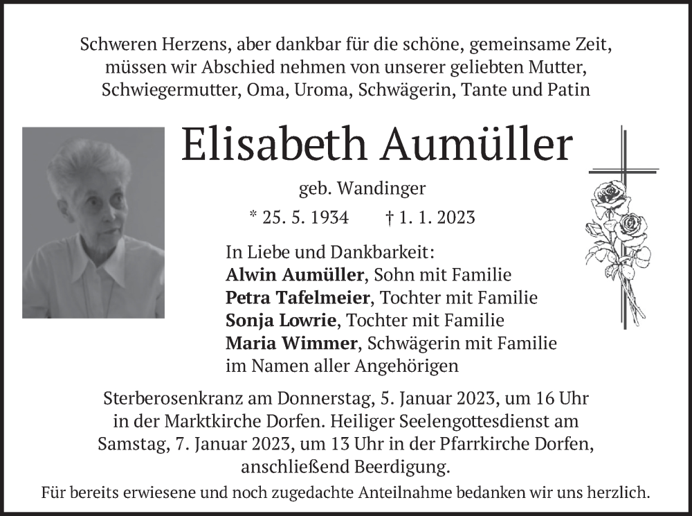  Traueranzeige für Elisabeth Aumüller vom 04.01.2023 aus merkurtz