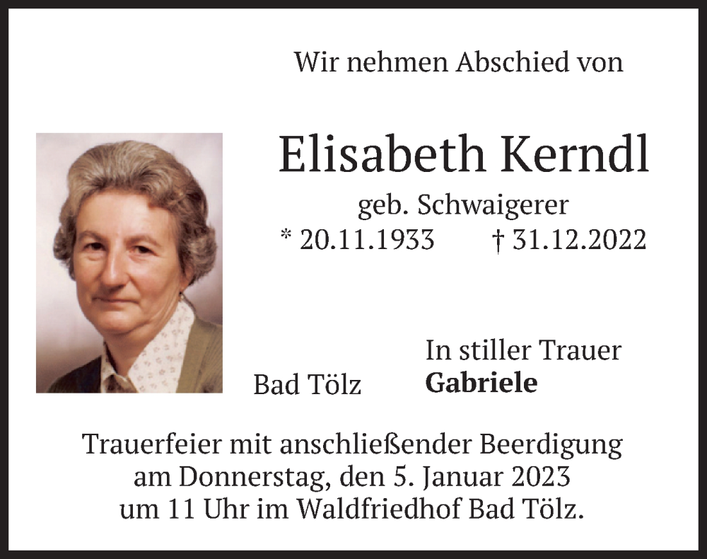  Traueranzeige für Elisabeth Kerndl vom 03.01.2023 aus merkurtz