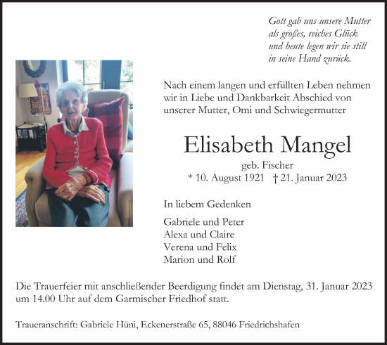 Traueranzeige von Elisabeth Mangel von merkurtz