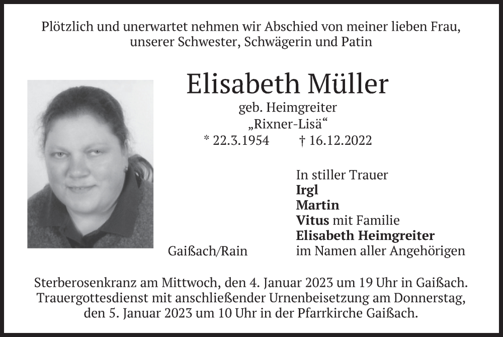  Traueranzeige für Elisabeth Müller vom 02.01.2023 aus merkurtz