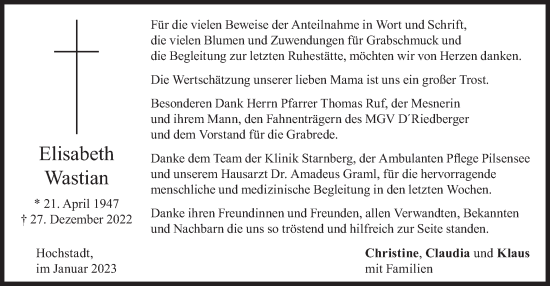 Traueranzeige von Elisabeth Wastian von merkurtz