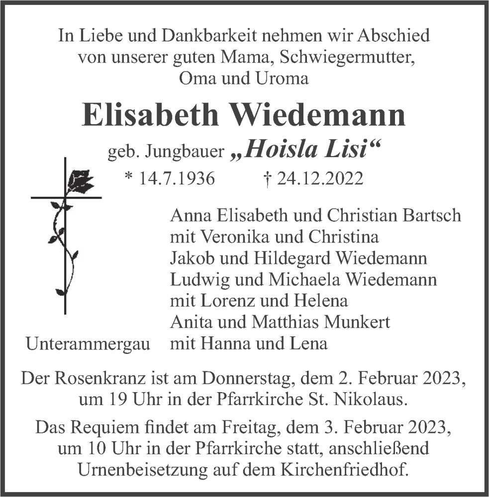  Traueranzeige für Elisabeth Wiedemann vom 28.01.2023 aus merkurtz