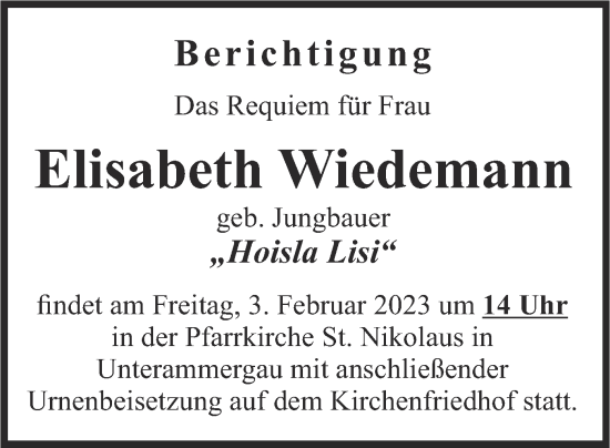 Traueranzeige von Elisabeth Wiedemann von merkurtz