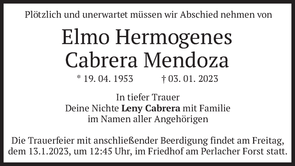  Traueranzeige für Elmo Hermogenes Cabrera Mendoza vom 11.01.2023 aus merkurtz