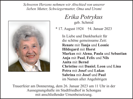 Traueranzeige von Erika Potrykus von merkurtz