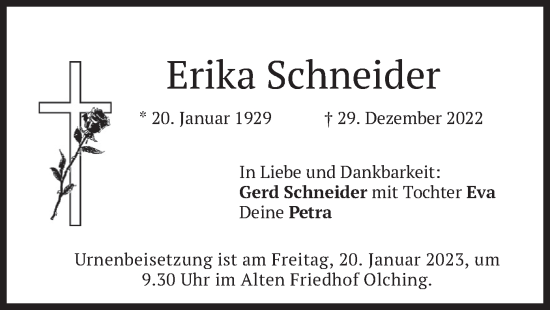 Traueranzeige von Erika Schneider von merkurtz