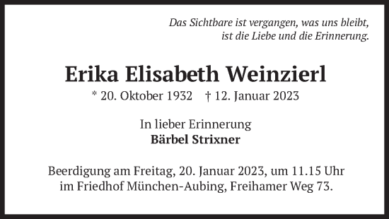 Traueranzeige von Erika Elisabeth Weinzierl von merkurtz