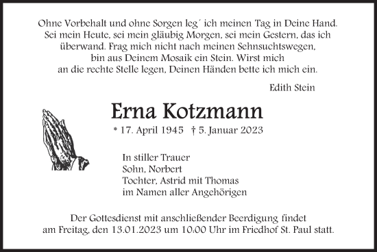 Traueranzeige von Erna Kotzmann von merkurtz