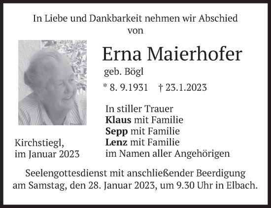 Traueranzeige von Erna Maierhofer von merkurtz