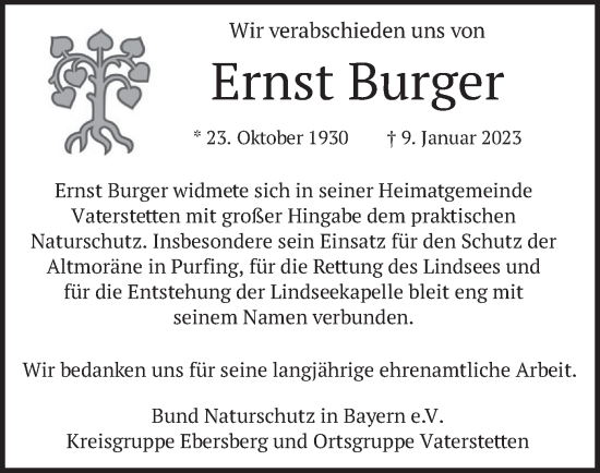 Traueranzeige von Ernst Burger von merkurtz