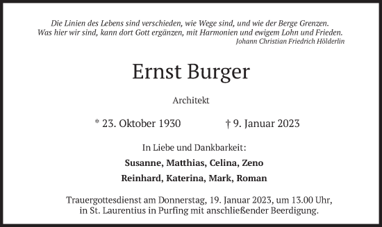 Traueranzeige von Ernst Burger von merkurtz