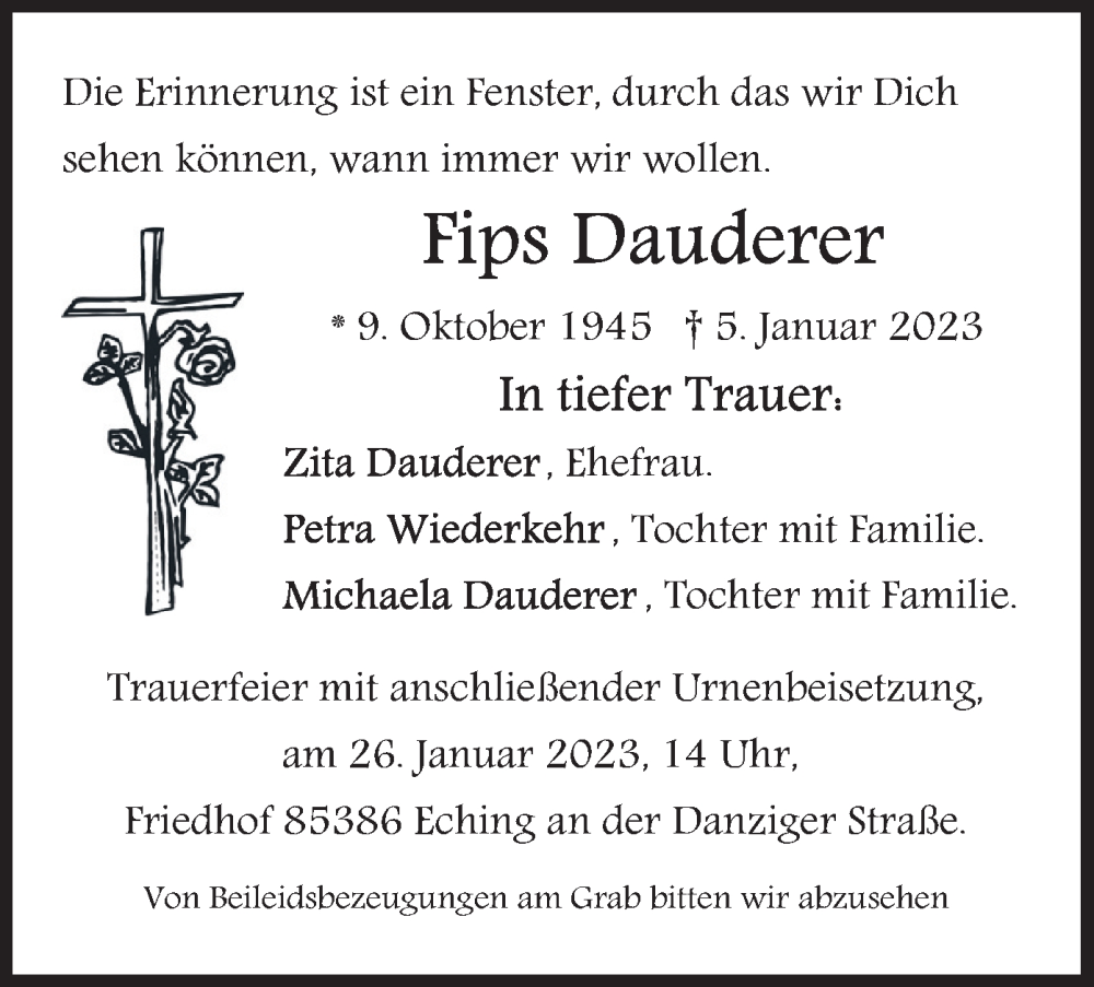  Traueranzeige für Fips Dauderer vom 21.01.2023 aus merkurtz