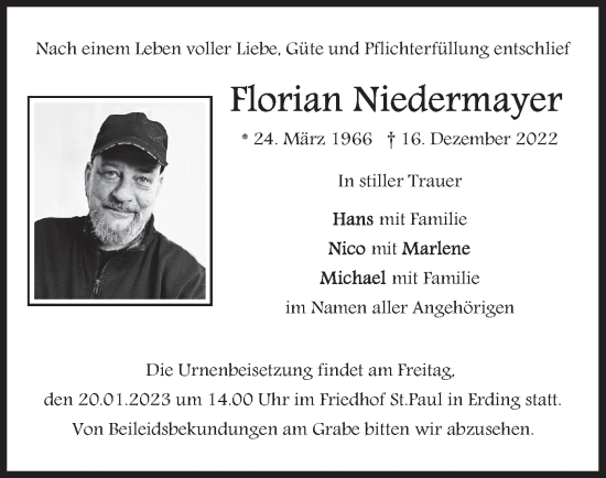 Traueranzeige von Florian Niedermayer von merkurtz