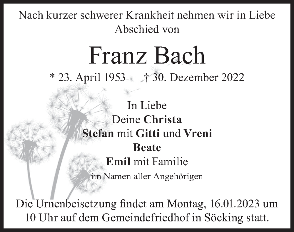  Traueranzeige für Franz Bach vom 07.01.2023 aus merkurtz
