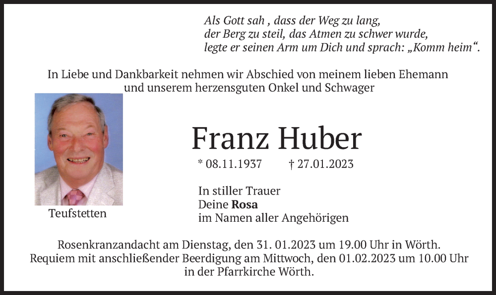  Traueranzeige für Franz Huber vom 30.01.2023 aus merkurtz