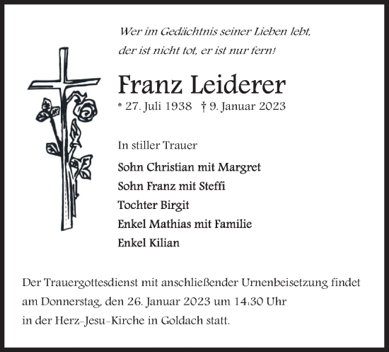 Traueranzeige von Franz Leiderer von merkurtz
