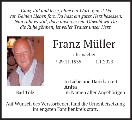 Traueranzeige von Franz Müller von merkurtz