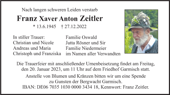 Traueranzeige von Franz Xaver Anton Zeitler von merkurtz