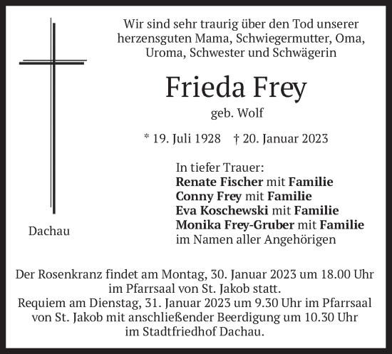 Traueranzeige von Frieda Frey von merkurtz