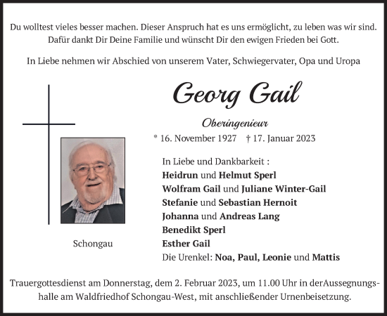 Traueranzeige von Georg Gail von merkurtz