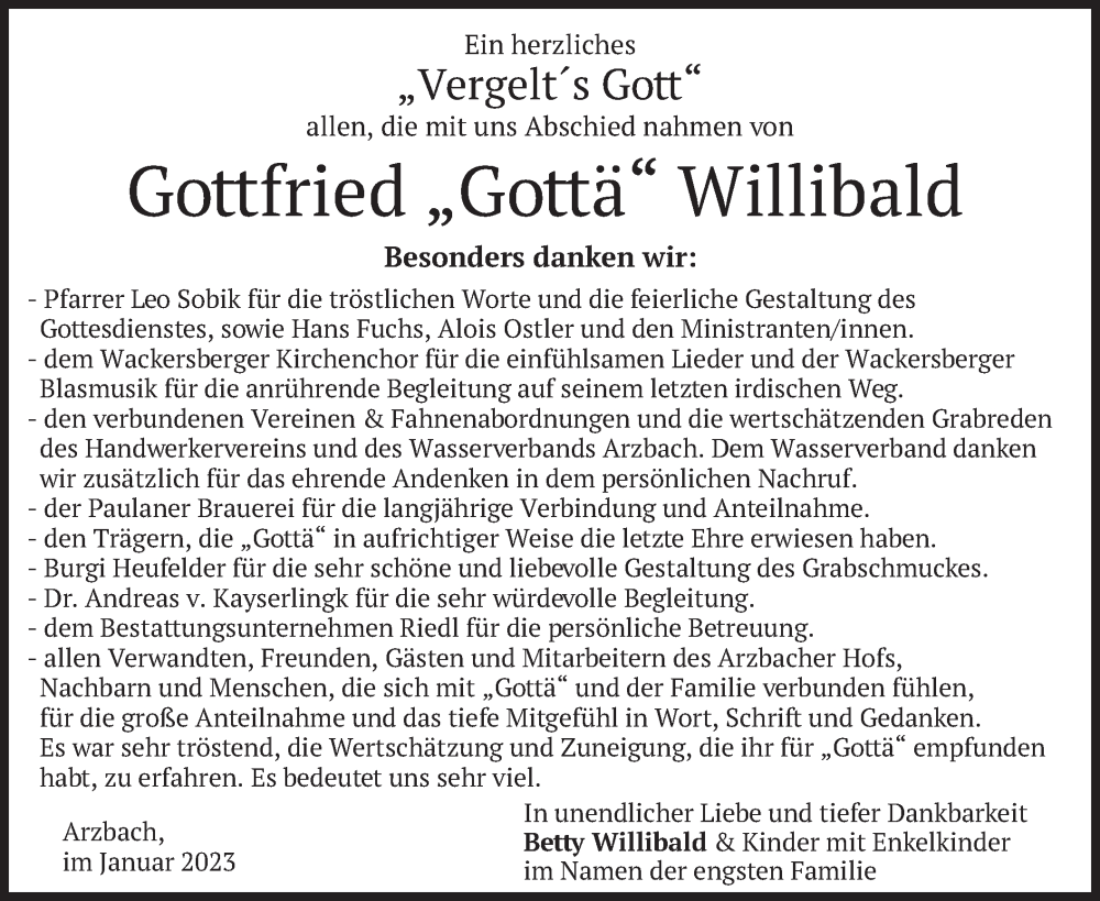  Traueranzeige für Gottfried Willibald vom 21.01.2023 aus merkurtz