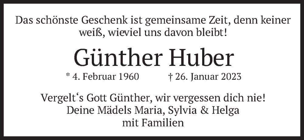  Traueranzeige für Günther Huber vom 28.01.2023 aus merkurtz