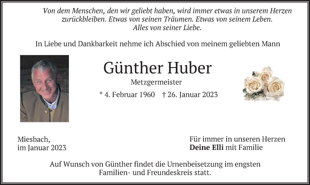  Traueranzeige für Günther Huber vom 28.01.2023 aus merkurtz