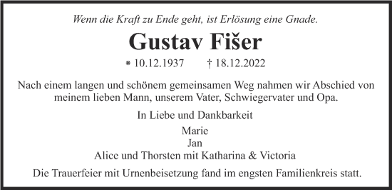 Traueranzeige von Gustav Fišer von merkurtz