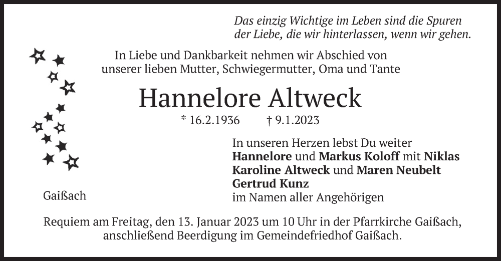  Traueranzeige für Hannelore Altweck vom 12.01.2023 aus merkurtz
