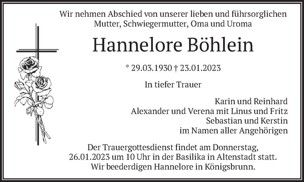  Traueranzeige für Hannelore Böhlein vom 25.01.2023 aus merkurtz