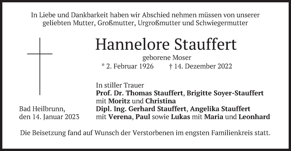 Traueranzeige für Hannelore Stauffert vom 14.01.2023 aus merkurtz