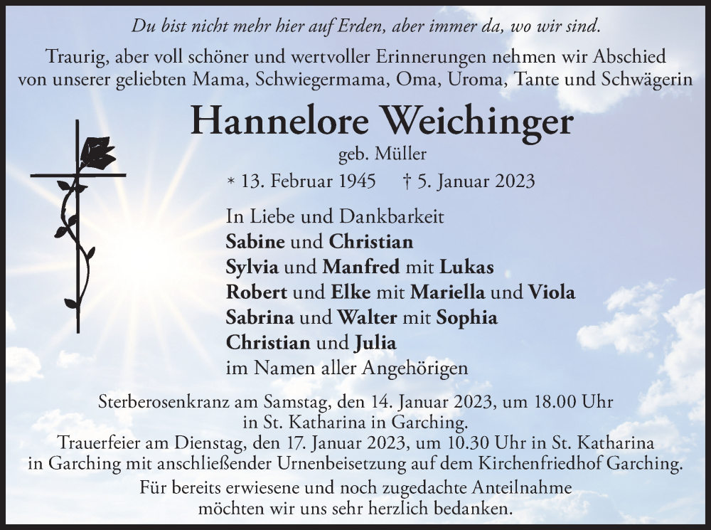  Traueranzeige für Hannelore Weichinger vom 11.01.2023 aus merkurtz