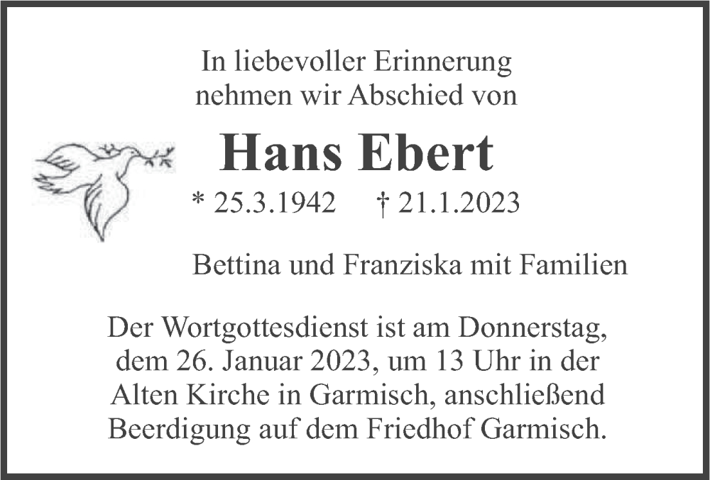  Traueranzeige für Hans Ebert vom 24.01.2023 aus merkurtz