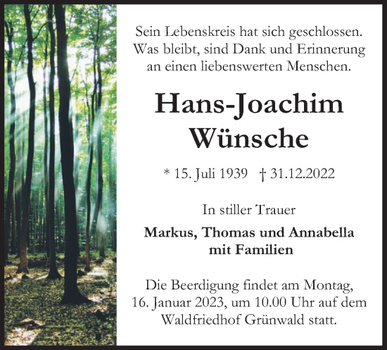Traueranzeige von Hans-Joachim Wünsche von merkurtz