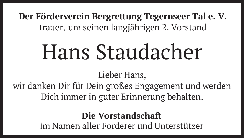  Traueranzeige für Hans Staudacher vom 07.01.2023 aus merkurtz