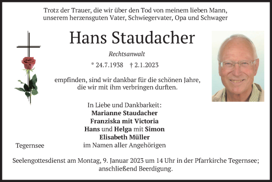 Traueranzeige von Hans Staudacher von merkurtz