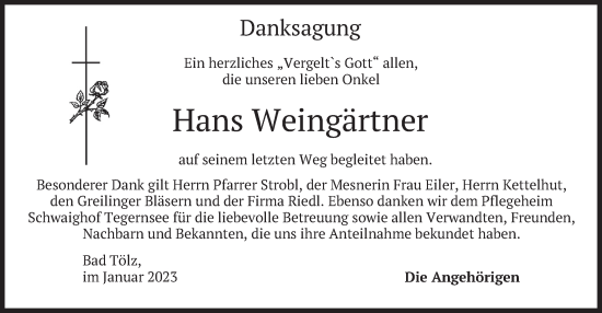 Traueranzeige von Hans Weingärtner von merkurtz