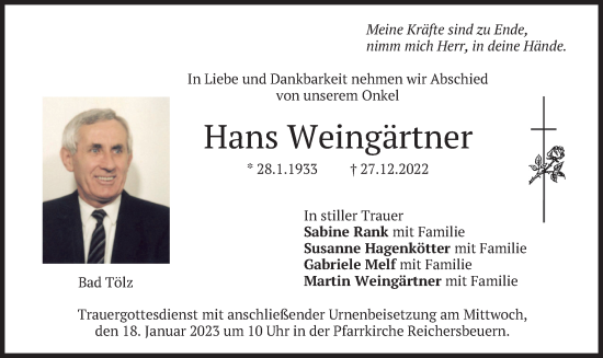 Traueranzeige von Hans Weingärtner von merkurtz