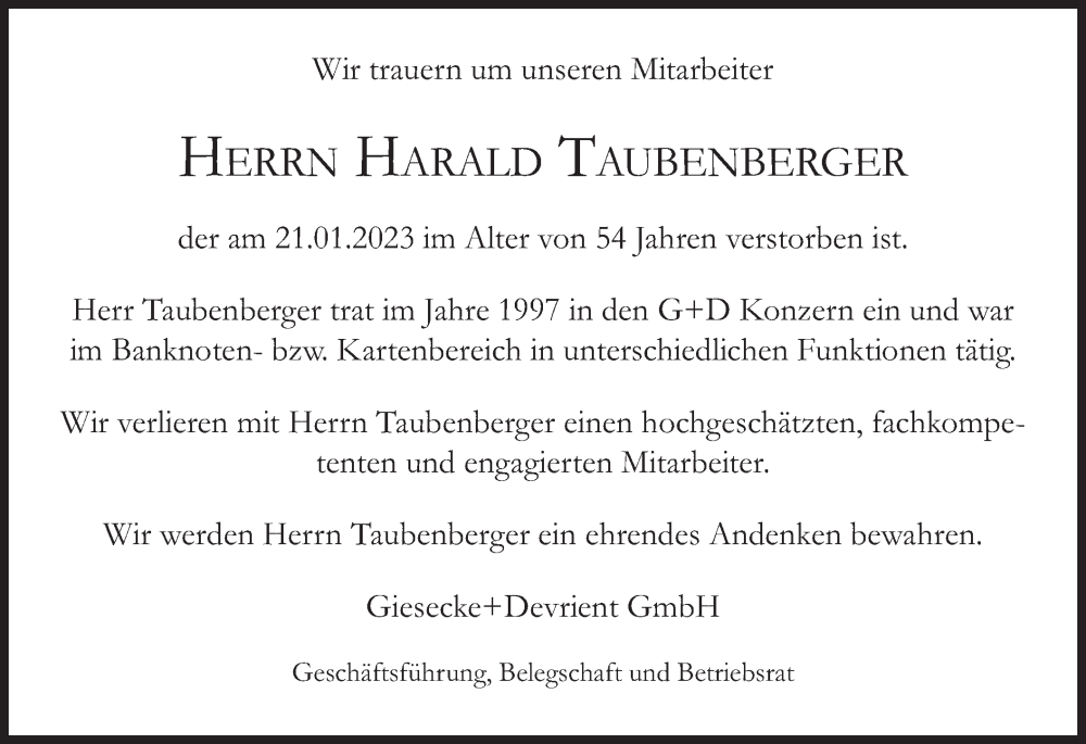  Traueranzeige für Harald Taubenberger vom 28.01.2023 aus merkurtz