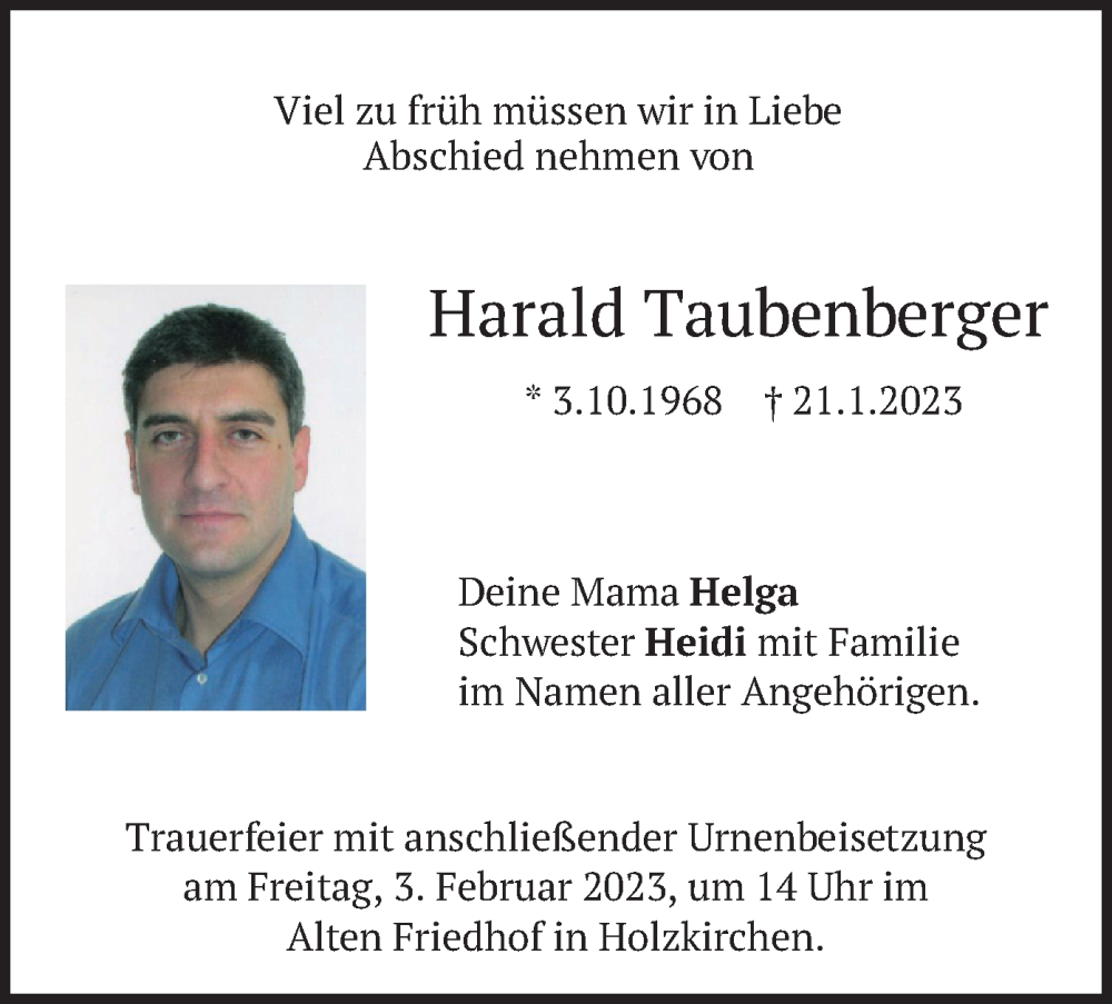  Traueranzeige für Harald Taubenberger vom 28.01.2023 aus merkurtz