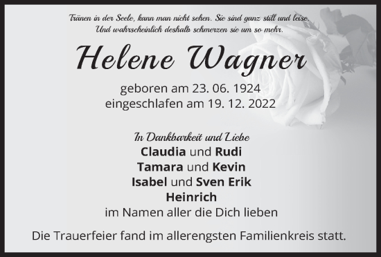 Traueranzeigen Von Helene Wagner | Trauer.merkur.de