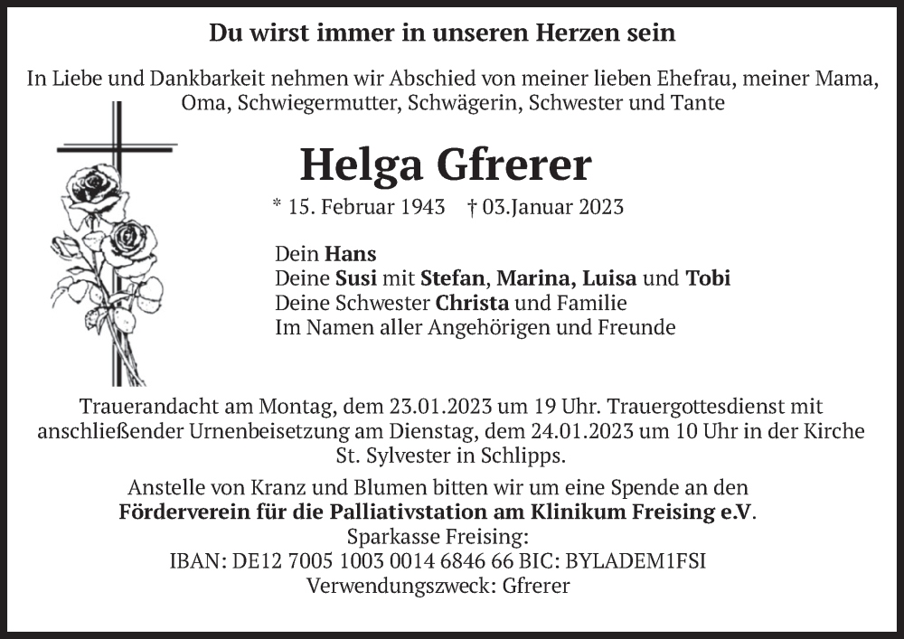  Traueranzeige für Helga Gfrerer vom 21.01.2023 aus merkurtz