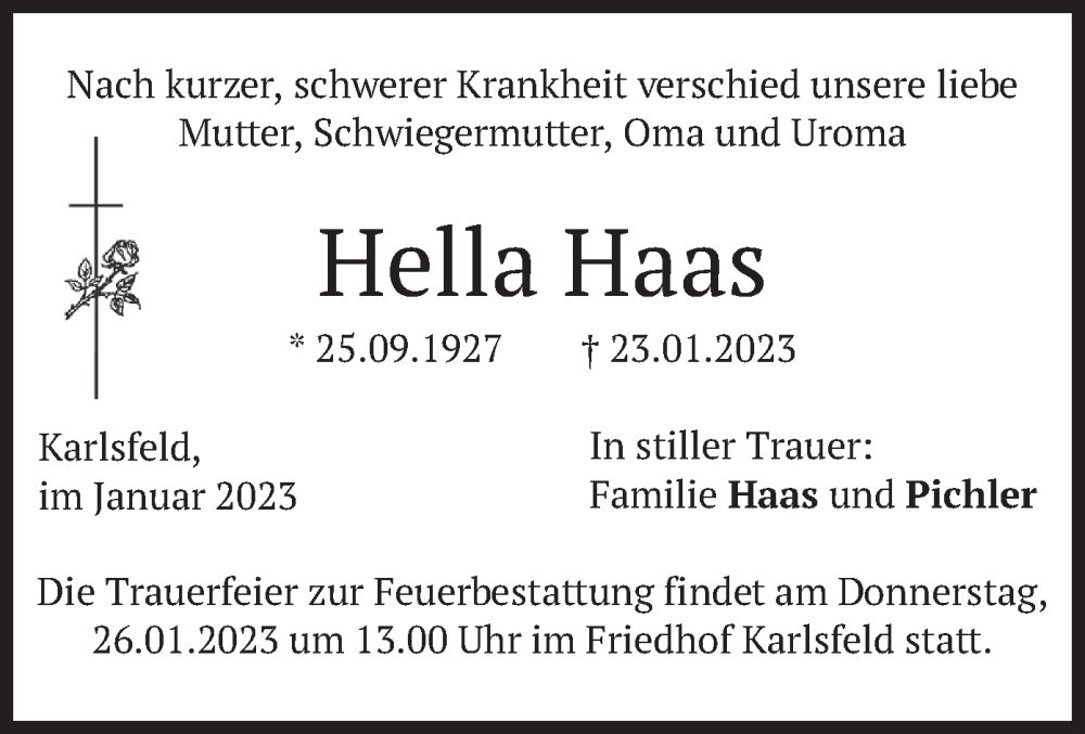  Traueranzeige für Hella Haas vom 25.01.2023 aus merkurtz