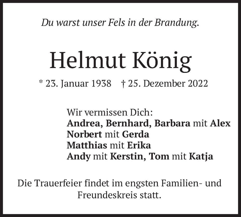  Traueranzeige für Helmut König vom 07.01.2023 aus merkurtz